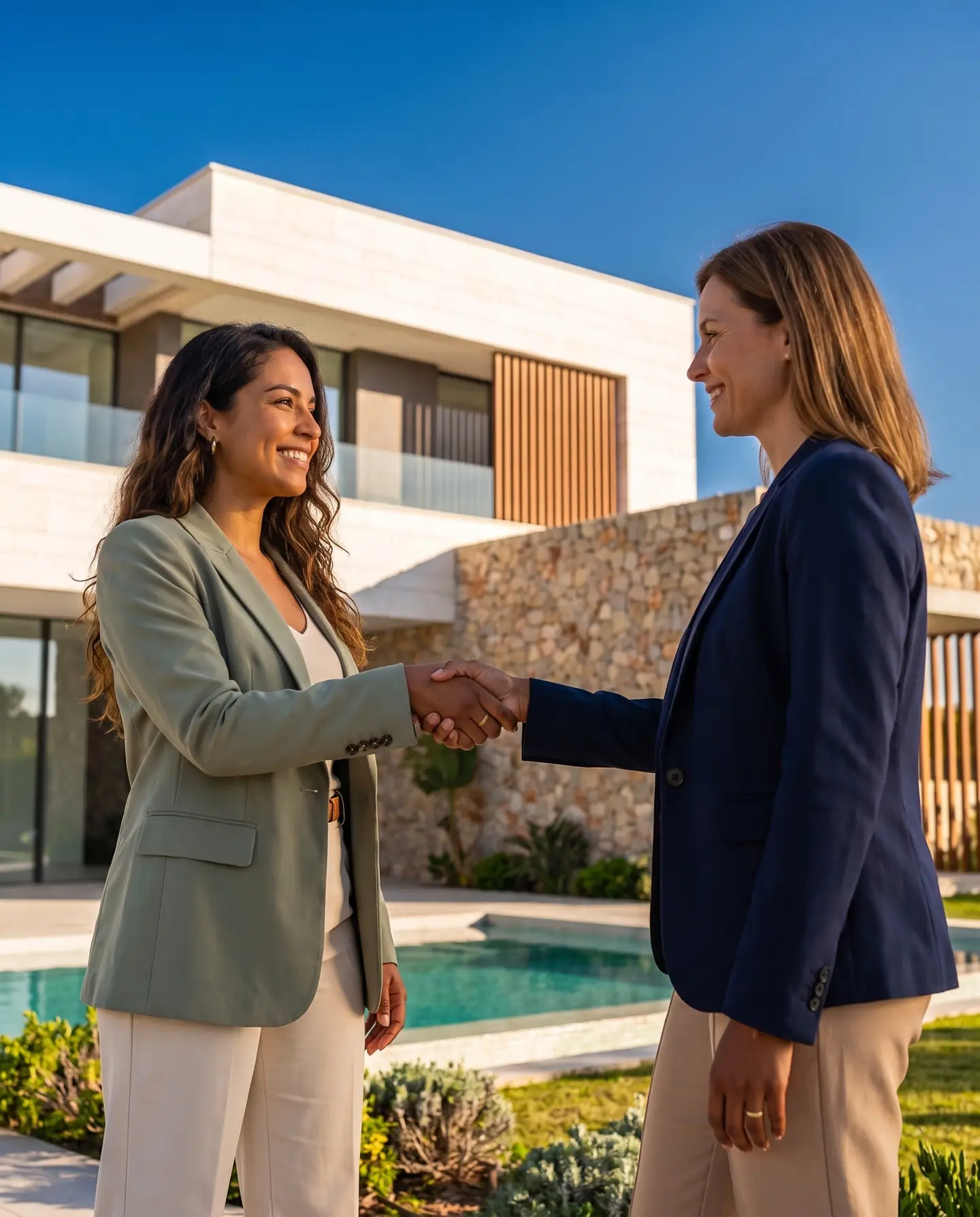 Dos agentes inmobiliarias se dan la mano frente a una casa contemporánea con piscina