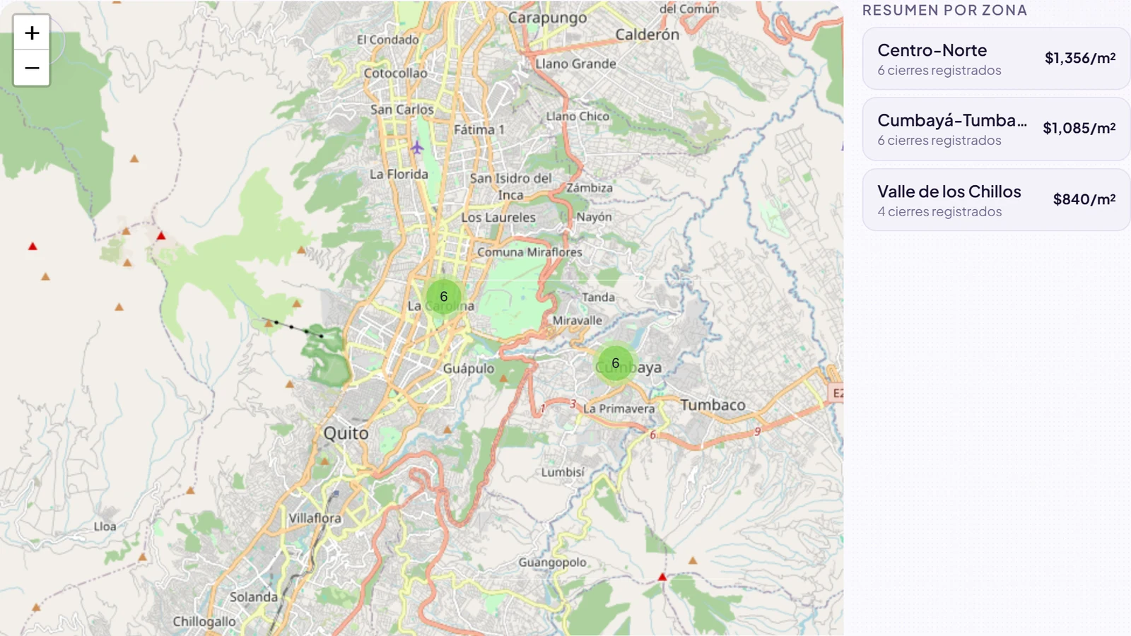 El Mapa de Cierres de colegas.app: los cierres agrupados sobre Quito y, al lado, el precio por metro cuadrado de cada zona